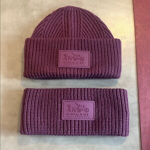Coach Plum Knit Beanie and headband (women’s) bundle with Logo Patch, NWT